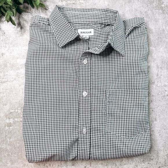 Haggar Black and White Buffalo Check Button Down Shirt Size Medium - Picture 1 of 6